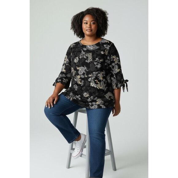 *New CJ Banks Popover Top Womens Plus 2X Black Yellow Floral Cottagecore Coastal - Picture 1 of 9